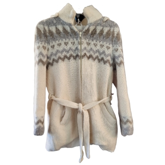 Hilda Ltd Sweaters - Hilda Ltd Vintage Cozy Icelandic Hooded Sweater Jacket w/ Belt - Cream/Gray-Sz M